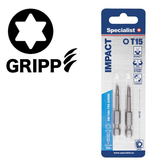 SPECIALIST+ uzgalis TORX GRIP T15, 50 mm, 2 gab.