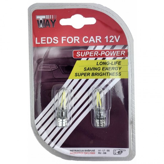 Autospuldzes LED kvēldiegs T10, 12V, baltas, 2gab