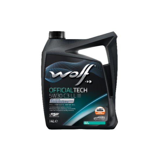 WOLF motoreļļa wolf, 5w30, officialtech ll iii, acea: c2*, c3-16, api: sn/cf, bmw: longlife-04, mb: approval 229.51, vw: approval 504 00/507 00 4l