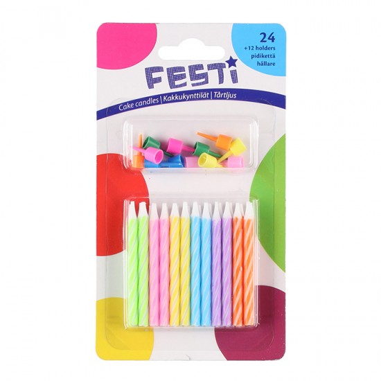 Tortes svecītes Festi Birthday 0.5x6cm krāsainas 24gab.+12-t