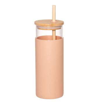 Krūze ar salmiņu stikla 480ml rozā