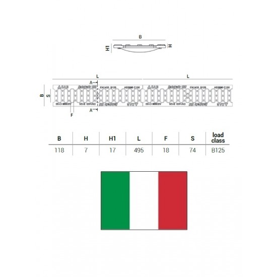 Čuguna reste kanālam B125 SD100, 50 CM
