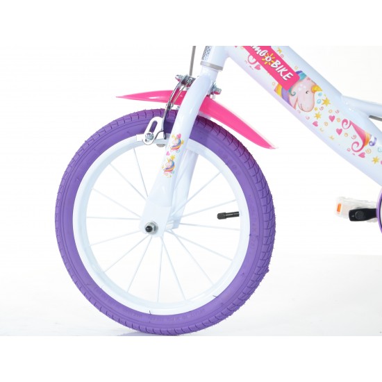 Bērnu velosipēds Bimbo Bike 14'' ''UNICORN'', balts/ violēts/ rozā