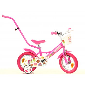 Meiteņu velosipēds 12" rozā ar kūciņu un saldumu dizainu