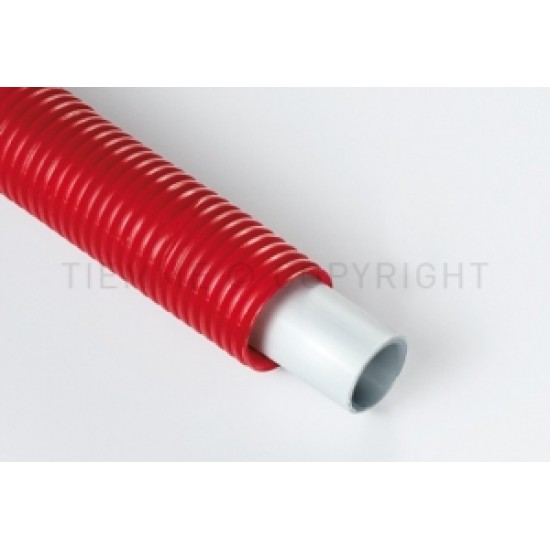 Daudzslāņu caurule PE-X/AL/PE-X ar ar gofrētu sarkanu apvalku, ruļļos